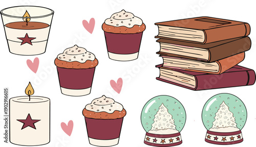 Cozy Aesthetic Illustration with Candles, Cupcakes & Books