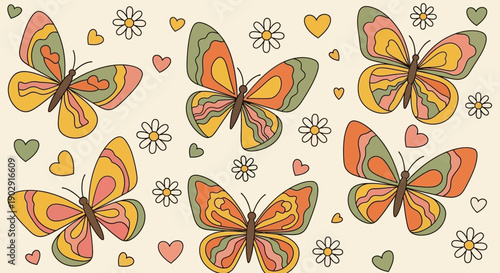 A groovy retro pattern featuring six colorful butterflies with wavy wings, surrounded by small daisies and hearts on a light background, evoking a vintage aesthetic.