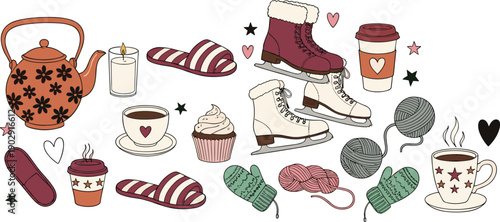 Cozy winter hygge lifestyle objects vector collection with ice skates, hot drinks, mittens, candles and home comfort elements