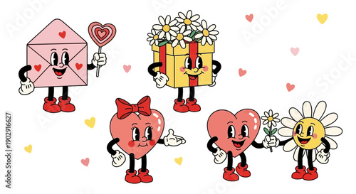 Retro cartoon characters celebrating love and friendship with hearts, flowers, and gifts in a cheerful, vintage style.