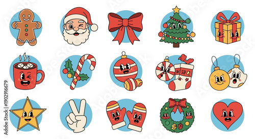 A collection of retro cartoon-style Christmas icons featuring Santa, gingerbread man, tree, gifts, hot cocoa, candy cane, ornaments, stockings, star, peace sign, mittens, wreath, and heart.