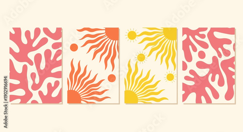 Four abstract art prints featuring coral-like patterns and stylized suns in a minimalist, modern aesthetic.