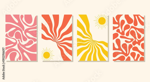 Wallpaper Mural Set of four retro groovy abstract posters with swirling lines and organic blob shapes in pink, orange, and yellow, featuring sun motifs on a cream background. Torontodigital.ca