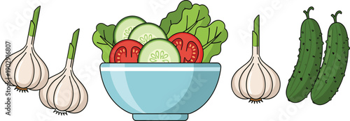 Fresh vegetable salad bowl with garlic and cucumbers hand drawn vector illustration set