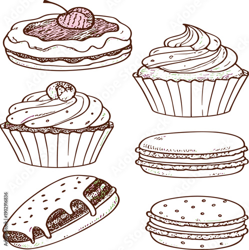 Hand drawn bakery dessert doodle set with cupcakes macarons pastry and sweet treats vector illustration