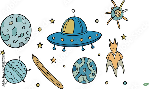 Hand drawn cartoon alien spaceship and planets doodle space collection colorful vector illustration set