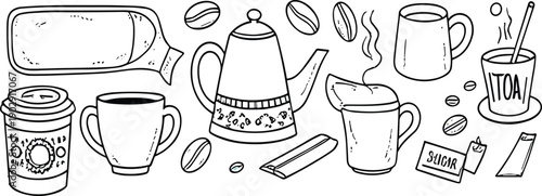Hand drawn coffee and tea doodle collection with cups kettle beans and cafe elements vector illustration