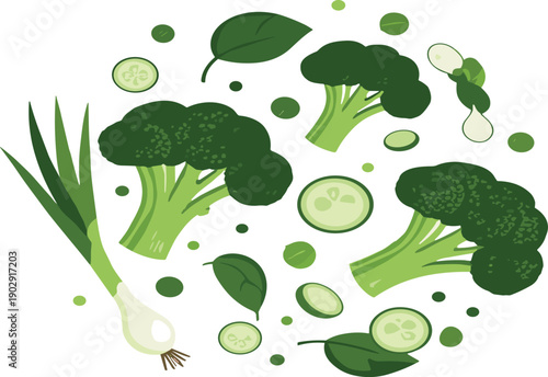 Hand drawn green vegetable collection with broccoli cucumber onion leaves vector illustration set