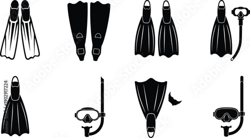 Snorkeling gear icons, scuba diving equipment silhouette, swim fins and snorkel masks, black and white vector set, underwater sport symbols