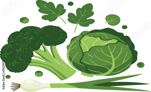 Hand drawn green vegetables collection with broccoli cabbage onion leaves vector illustration set