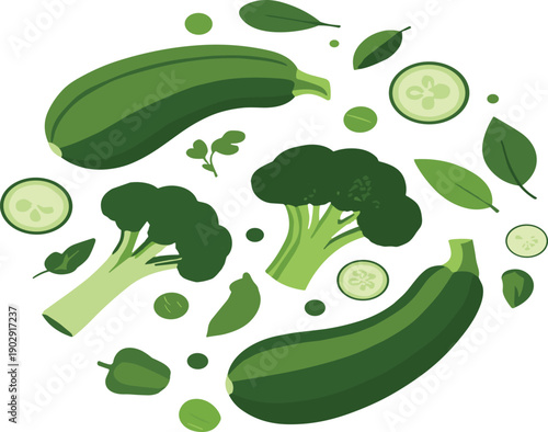Hand drawn green zucchini and broccoli vegetable collection fresh doodle vector illustration set