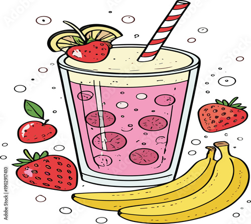 Hand drawn strawberry banana smoothie in glass with fresh fruits colorful doodle style vector illustration