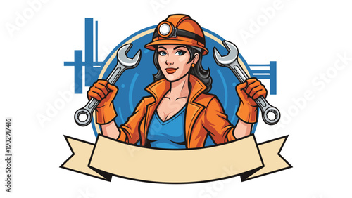 Vector illustration of a female worker holding wrenches in front of a banner, representing industry and labor, in a modern vector art style.
