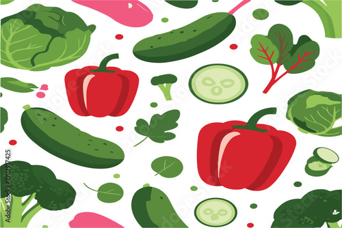 Hand drawn vegetable seamless pattern with peppers cucumbers cabbage doodle vector illustration background