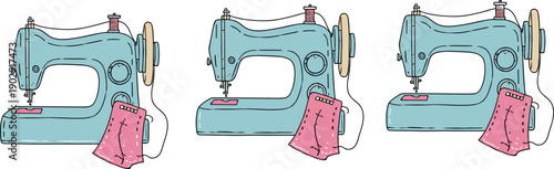 Hand drawn vintage sewing machine illustration set with fabric tailoring craft doodle style vector