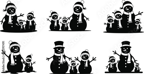 Snowman and children silhouettes, winter fun, festive scene, holiday joy, black and white illustration, hats, scarves, mittens, seasonal clipart