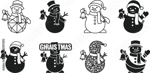 Snowman silhouette, winter bell illustration, festive character, Christmas snowman design, holiday graphic, scarf and hat, seasonal art, black style