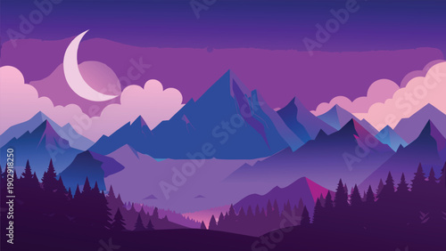 Dreamy mountain landscape with moon and clouds - whimsical digital art
