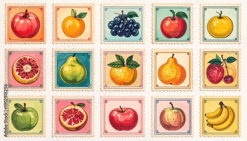 Fruit Postage Stamps Diverse Fruits, Illustration, Stamps Background for Cards Design