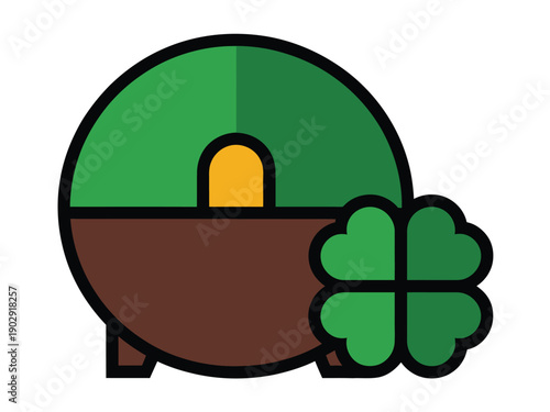 A cartoon piggy bank with a four-leaf clover and a green and brown design on a white background