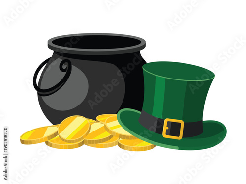 A cartoon illustration of a black cauldron with a green top hat and gold coins on a white background.