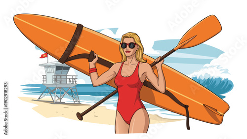 Vector illustration of a woman in red swimsuit holding an orange kayak paddle on the beach near a lifeguard tower