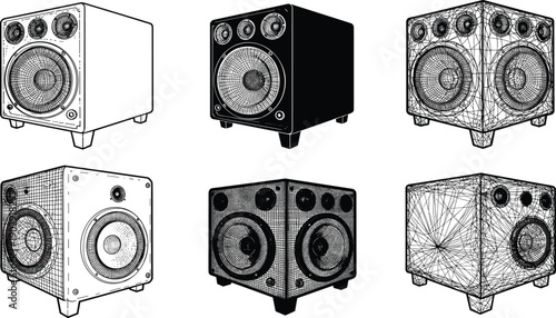 Speaker box vector illustration set, black and white audio woofer designs, realistic and wireframe 3D sound system model art