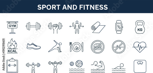 Sport and fitness icons, health symbols, workout graphics, gym equipment, editable vector set, minimal, isolated, modern, active lifestyle