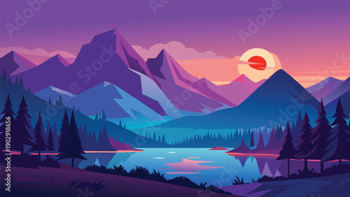 Serene sunset mountain landscape with reflective lake and rising moon