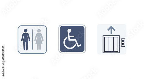 Accessibility Symbols: Restroom, Wheelchair Access, and Elevator Icons