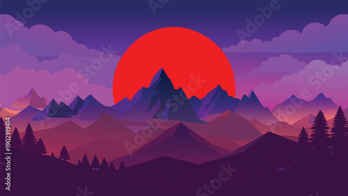 Vibrant sunset over mountain landscape with flat design style