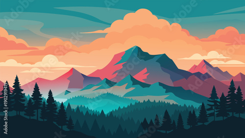 Vibrant sunset mountain landscape with forest and sky