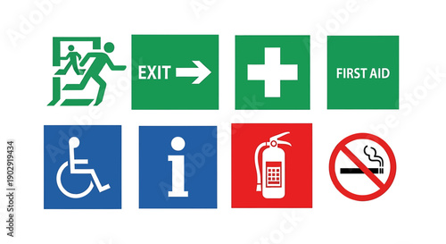 Set of Safety Signs: Exit, First Aid, Fire Extinguisher, No Smoking, Info, Accessibility