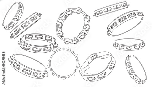 Isolated tambourines with black outline on white background. Brazilian musical instrument in line, used in samba, carnival and capoeira percussion.