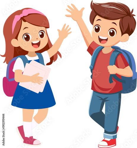 Happy School Children Waving and Smiling Cartoon Illustration