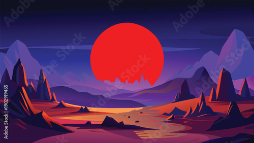 Vibrant sunset over rocky desert landscape - digital illustration