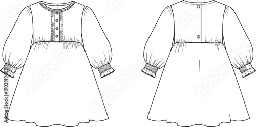 Cute baby girl long sleeve dress technical flat sketch with button placket, lace trim details, gathered waist, ruffle cuffs, front and back illustration