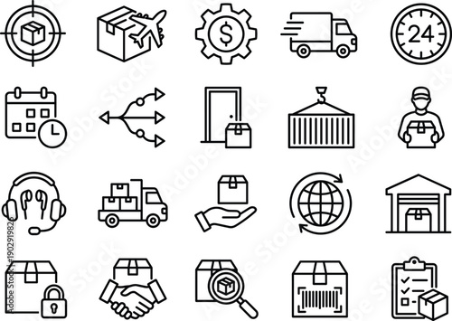 Comprehensive logistics shipping icons set for delivery warehouse tracking supply chain ecommerce transportation packaging service illustration design vector outline minimal