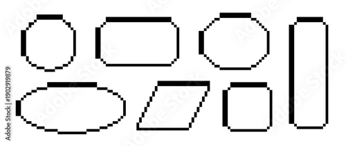 Set of black pixel text boxes. Empty pixelated frame collection. Retro 8 bit border shape pack for speech chat bubble, message cloud, communication dialog, talk balloon. Vector illustration bundle