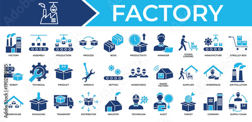 Factory icon set collection. Containing link, operation, manager, audit, marketing, technical, target .Solid vector icons collection