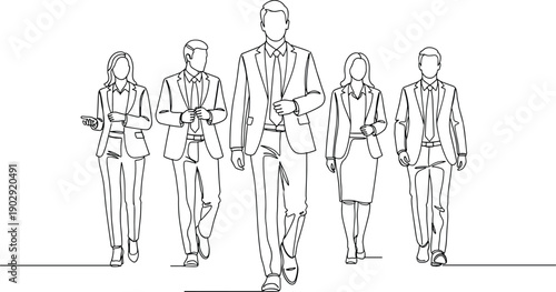 Business team walking forward in professional attire, leadership concept, corporate group illustration, teamwork confidence, successful executives approaching with determination
