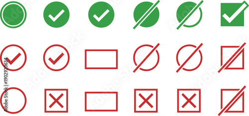 Check mark and cross icons in green and red circles and squares for approval, rejection, selection, interface and decision symbol design