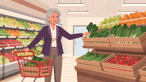 Vector illustration of an elderly woman shopping for fresh produce in a supermarket