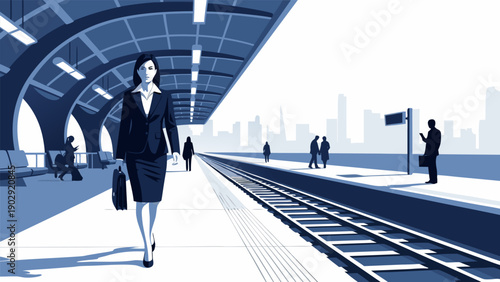 Vector illustration of a businesswoman walking on a train platform with cityscape in the background, 107.eps