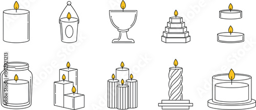 Collection of candle illustrations showing various shapes, holders and burning flames for decoration, relaxation, aromatherapy, meditation and cozy interior design