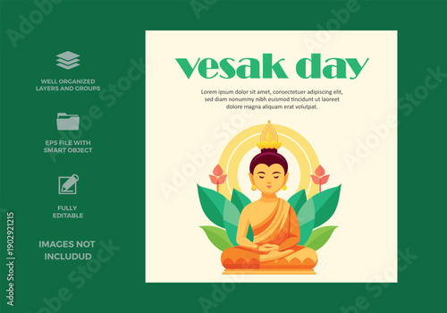 A serene illustration celebrating vesak day, featuring buddha meditating under an arch of light and lotus leaves, set against a calming background.
