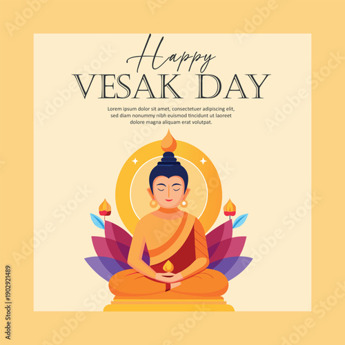 Happy vesak day celebration featuring a serene buddha in meditation with lotus flowers and candles