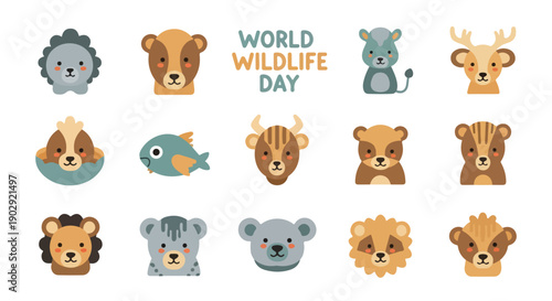 Flat lay of various animal faces on World Wildlife Day against a clean white background with a mix of warm and cool tones.