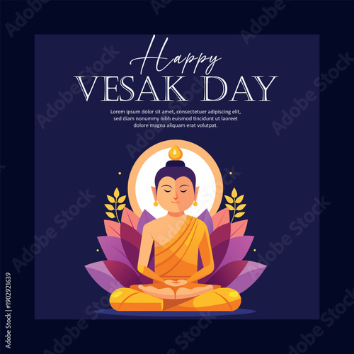 Happy vesak day greeting card with serene buddha meditating peacefully on a vibrant lotus flower