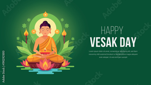 A serene illustration of buddha meditating on a lotus flower, celebrating happy vesak day with a vibrant green background